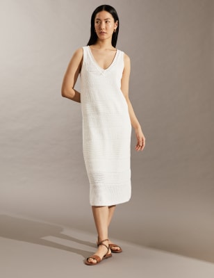 

JAEGER Vestido recto a media pierna 100% algodón de punto de escote en picoWomens - Ivory, Ivory