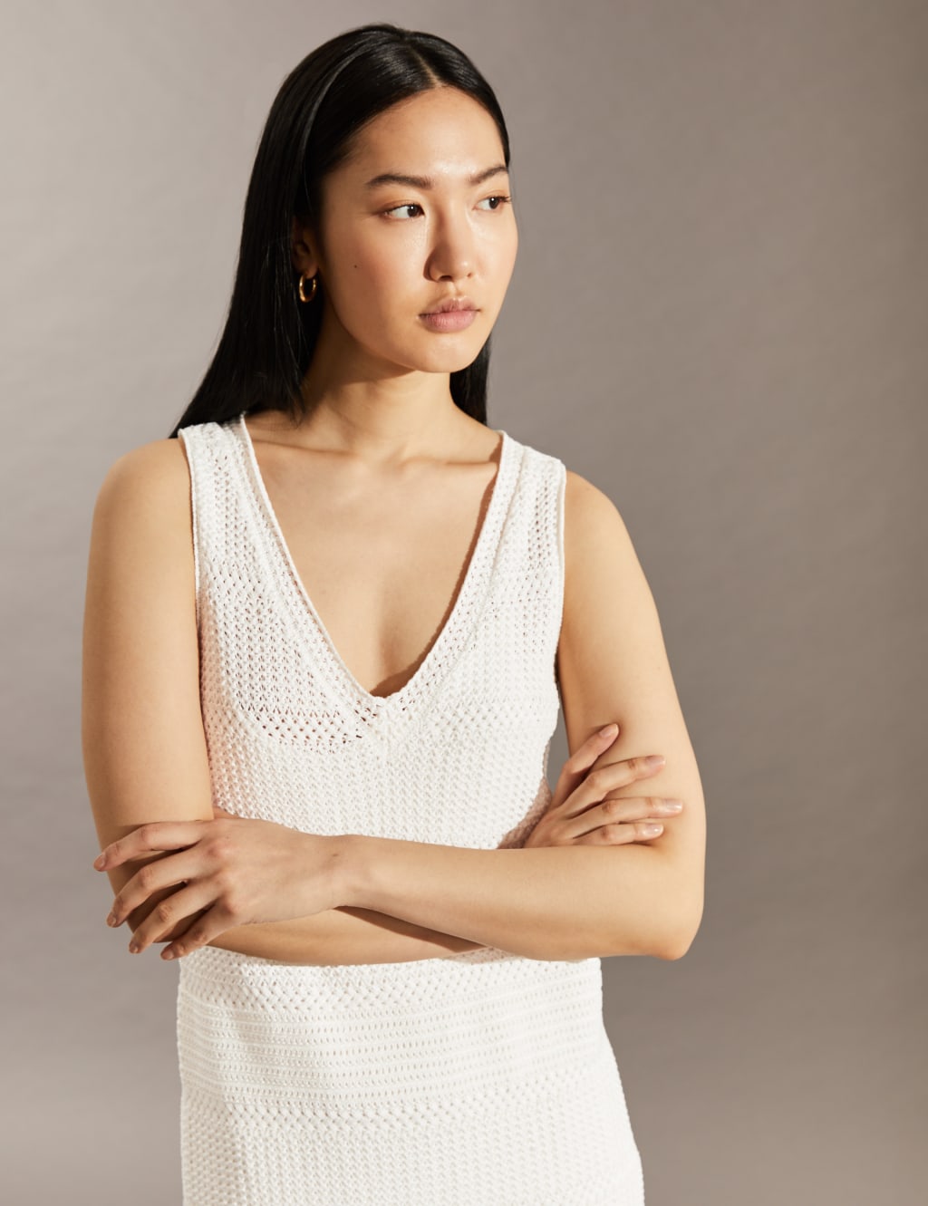 Pure Cotton Knitted V-Neck Midi Shift Dress image 2