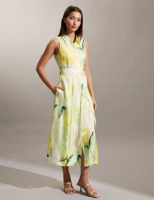 

JAEGER Vestido camisero floral a media pierna 100% seda con cinturónWomens - Yellow Mix, Yellow Mix