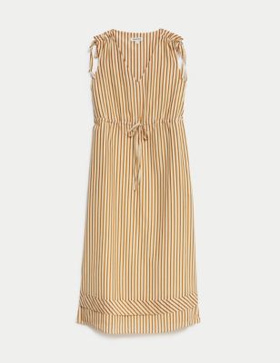 Silk Blend Striped V-Neck Midi Column Dress