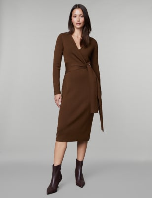 

JAEGER Womens Pure Merino Wool Knitted V-Neck Midi Dress - Camel, Camel