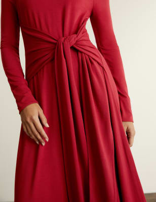 

JAEGER Womens Jersey Round Neck Tie Waist Midi Dress - Red, Red