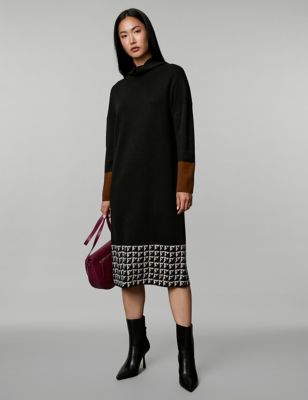 

JAEGER Womens Pure Merino Wool Geometric Midi Dress - Black Mix, Black Mix