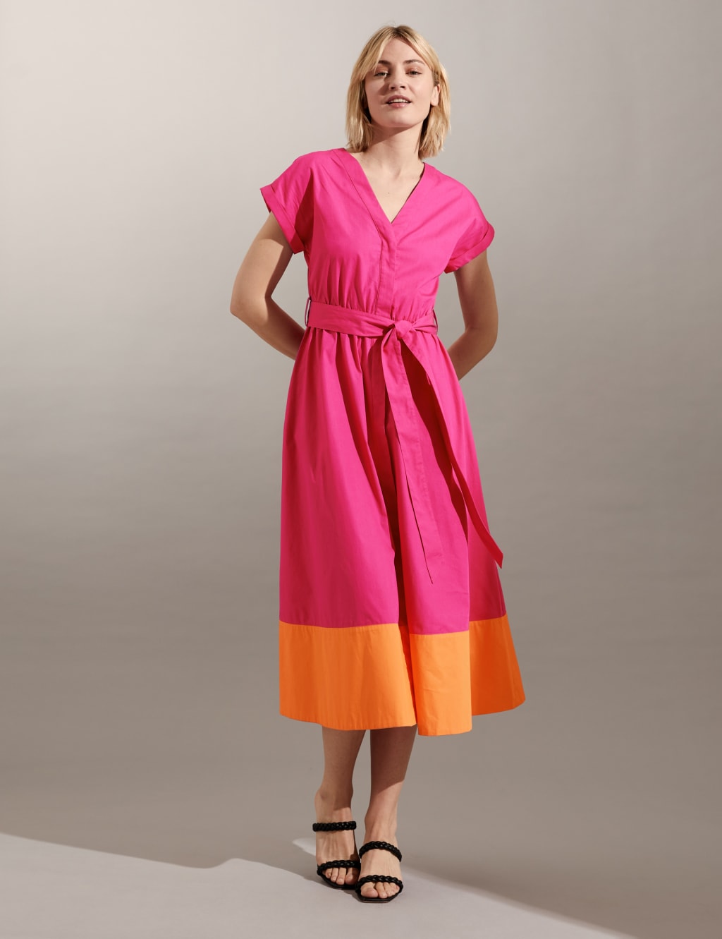 Pure Cotton Colour Block Midi Waisted Dress image 2