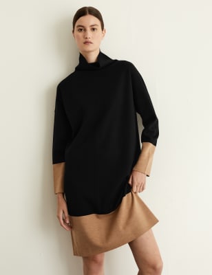 

JAEGER Womens Pure Merino Wool Roll Neck Jumper Dress - Black Mix, Black Mix