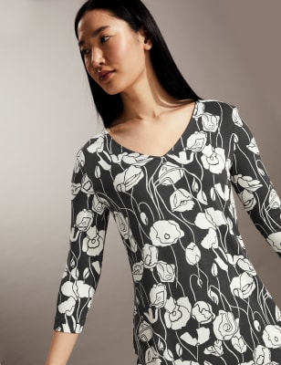

JAEGER Womens Jersey Floral V-Neck Mini Dress - Black Mix, Black Mix