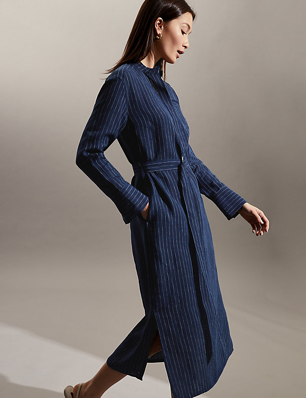 Pure Linen Striped Midi Shirt Dress - LK