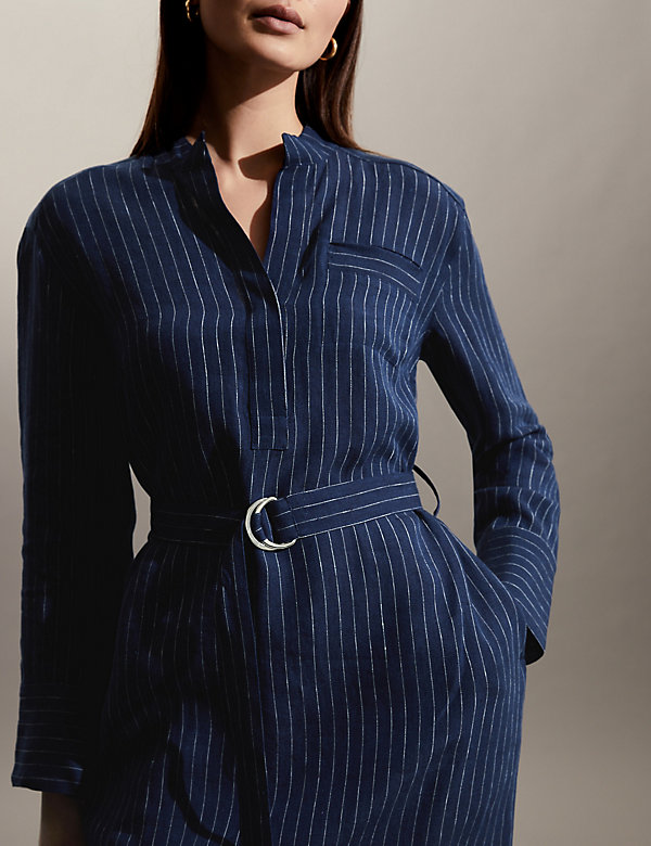 Pure Linen Striped Midi Shirt Dress - BB