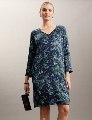 

JAEGER Womens Pure Silk Printed V-Neck Mini Shift Dress - Navy Mix, Navy Mix
