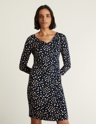 

JAEGER Womens Jersey Polka Dot V-Neck Mini Shift Dress - Navy Mix, Navy Mix