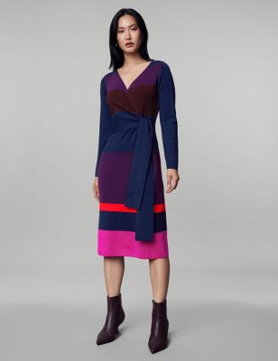 

JAEGER Womens Pure Merino Wool Knitted Striped Midi Dress - Purple Mix, Purple Mix