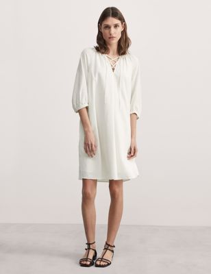 Cotton Blend Tie Neck Relaxed Shift Dress