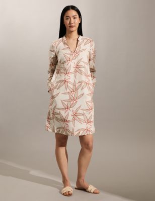 

JAEGER Womens Pure Linen Floral V-Neck Knee Length Dress - Neutral, Neutral