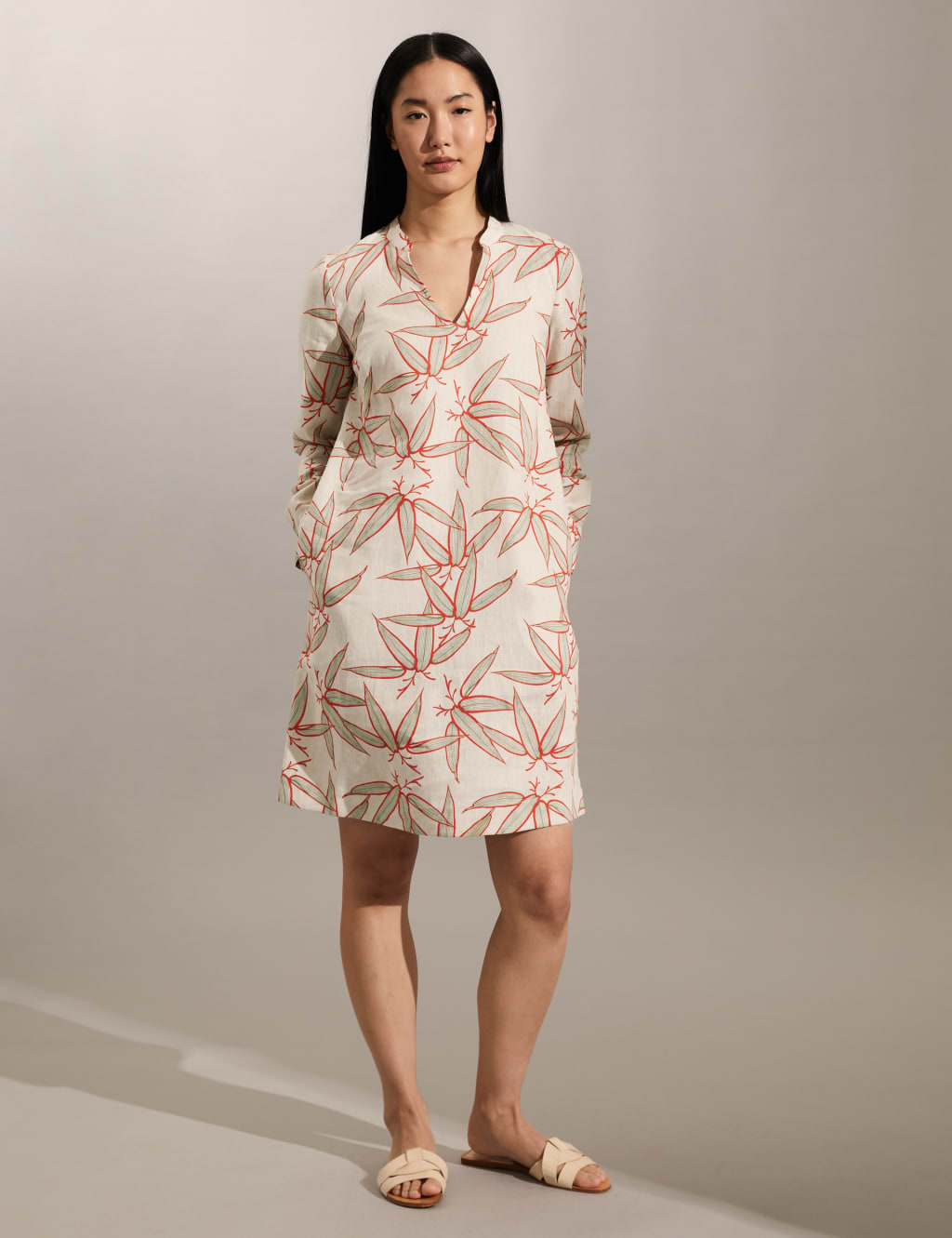 Pure Linen Floral V-Neck Knee Length Dress image 1