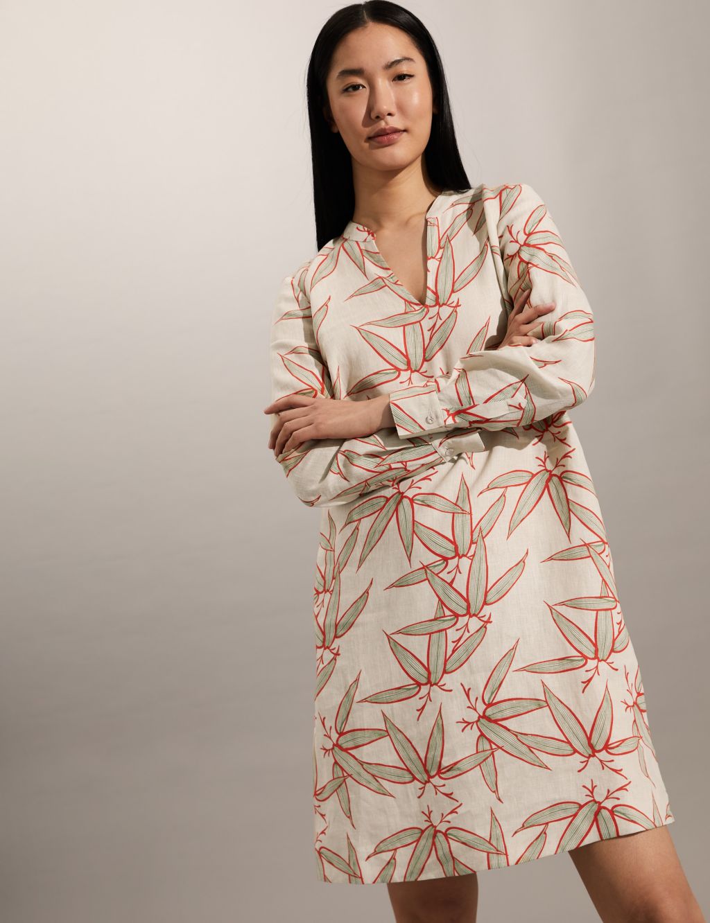 Pure Linen Floral V-Neck Knee Length Dress image 3