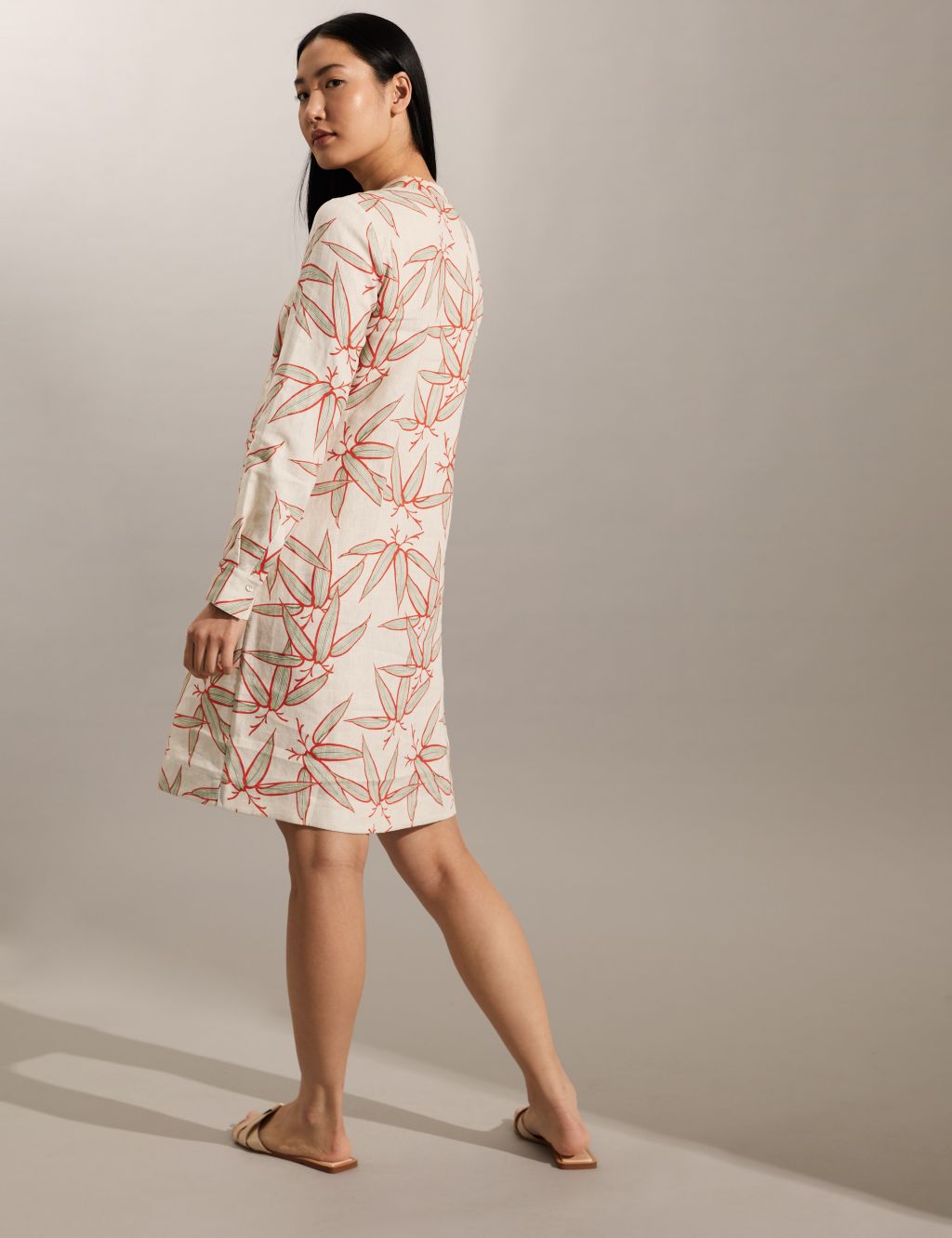 Pure Linen Floral V-Neck Knee Length Dress image 4