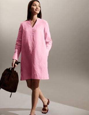 

JAEGER Vestido recto por la rodilla de escote en pico 100% linoWomens - Pink, Pink