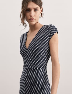 Jaeger Womens Striped V-Neck Midi Dress - 10 - Navy Stripe, Navy Stripe