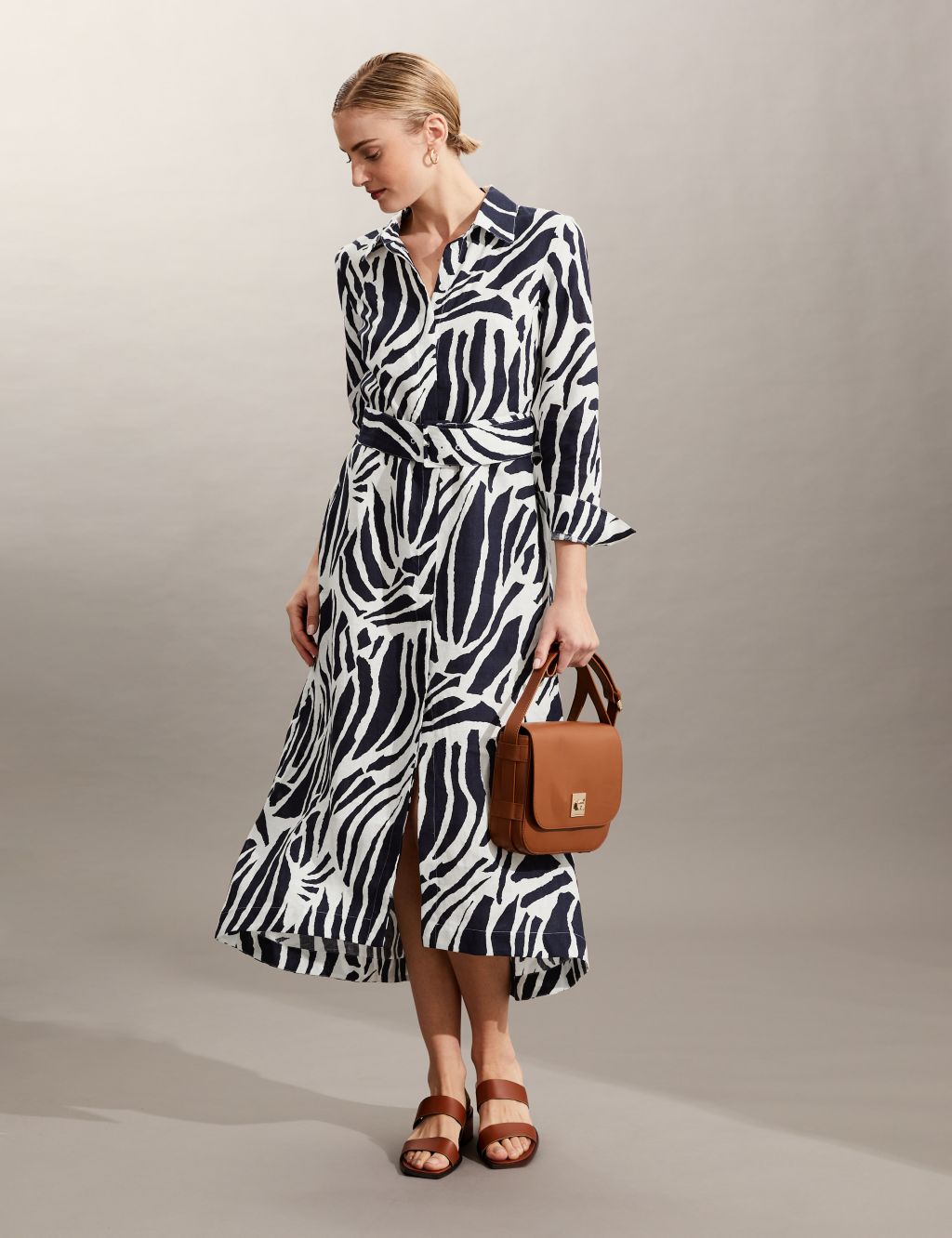 Pure Linen Zebra Print Midi Shirt Dress image 1