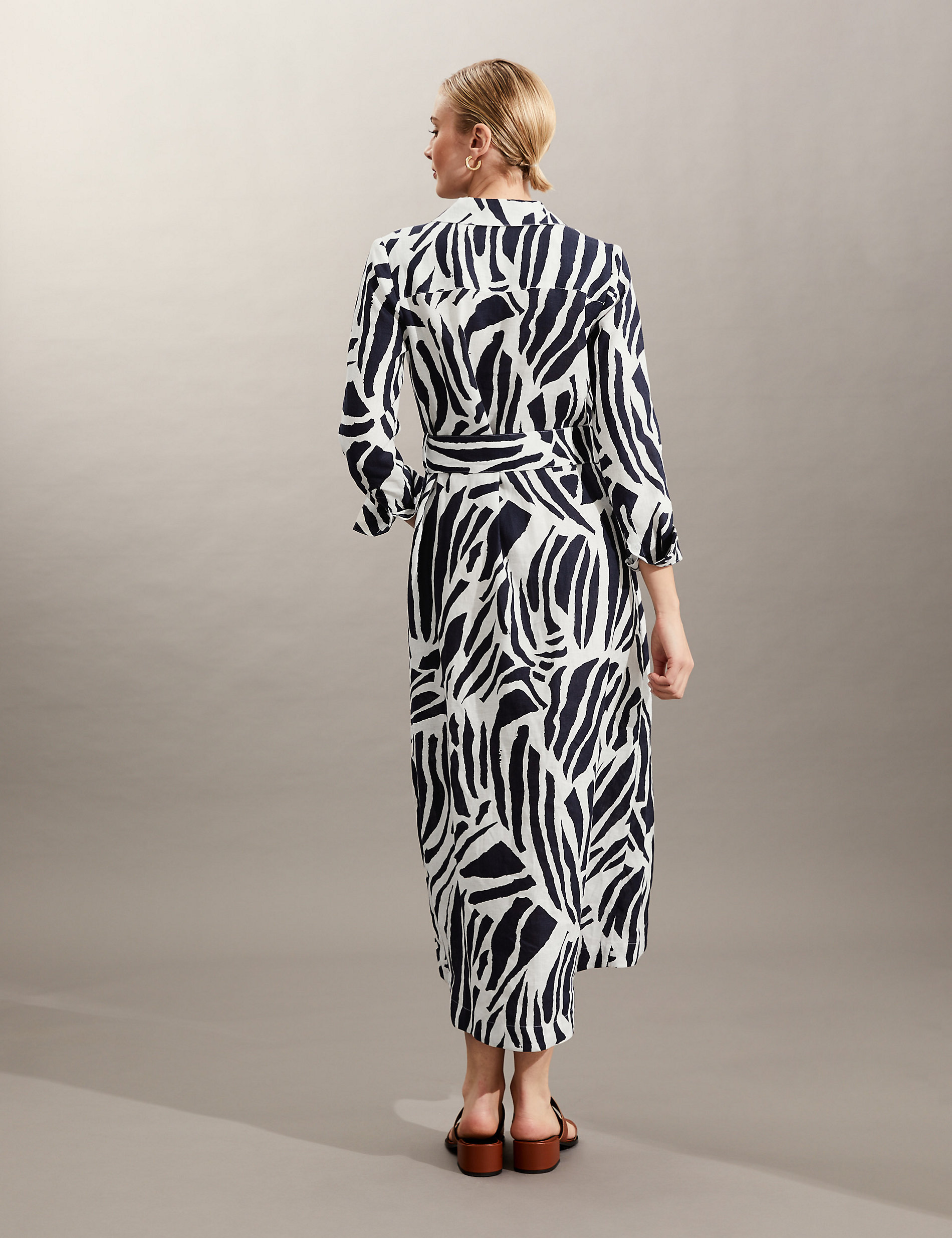 Pure Linen Zebra Print Midi Shirt Dress