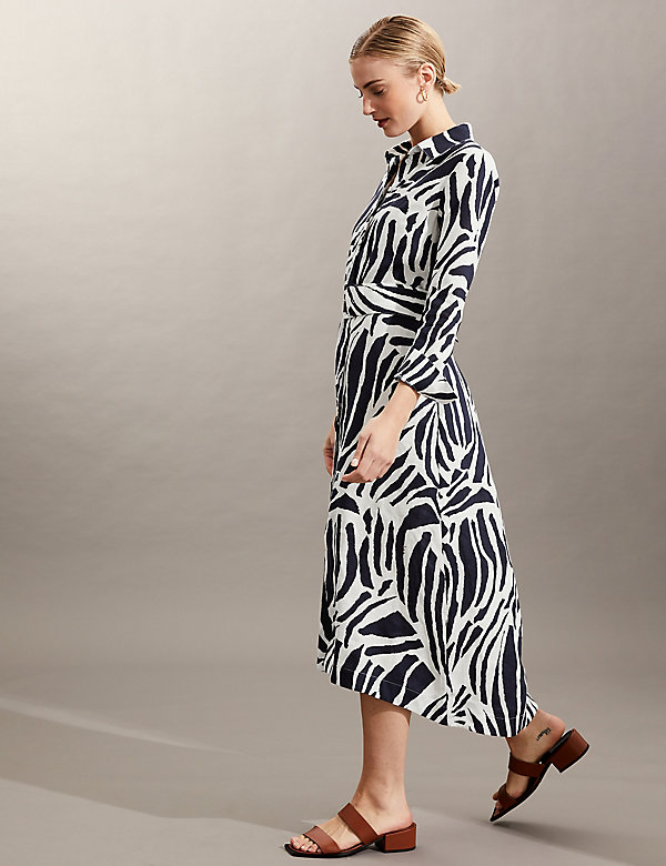 Pure Linen Zebra Print Midi Shirt Dress - BS