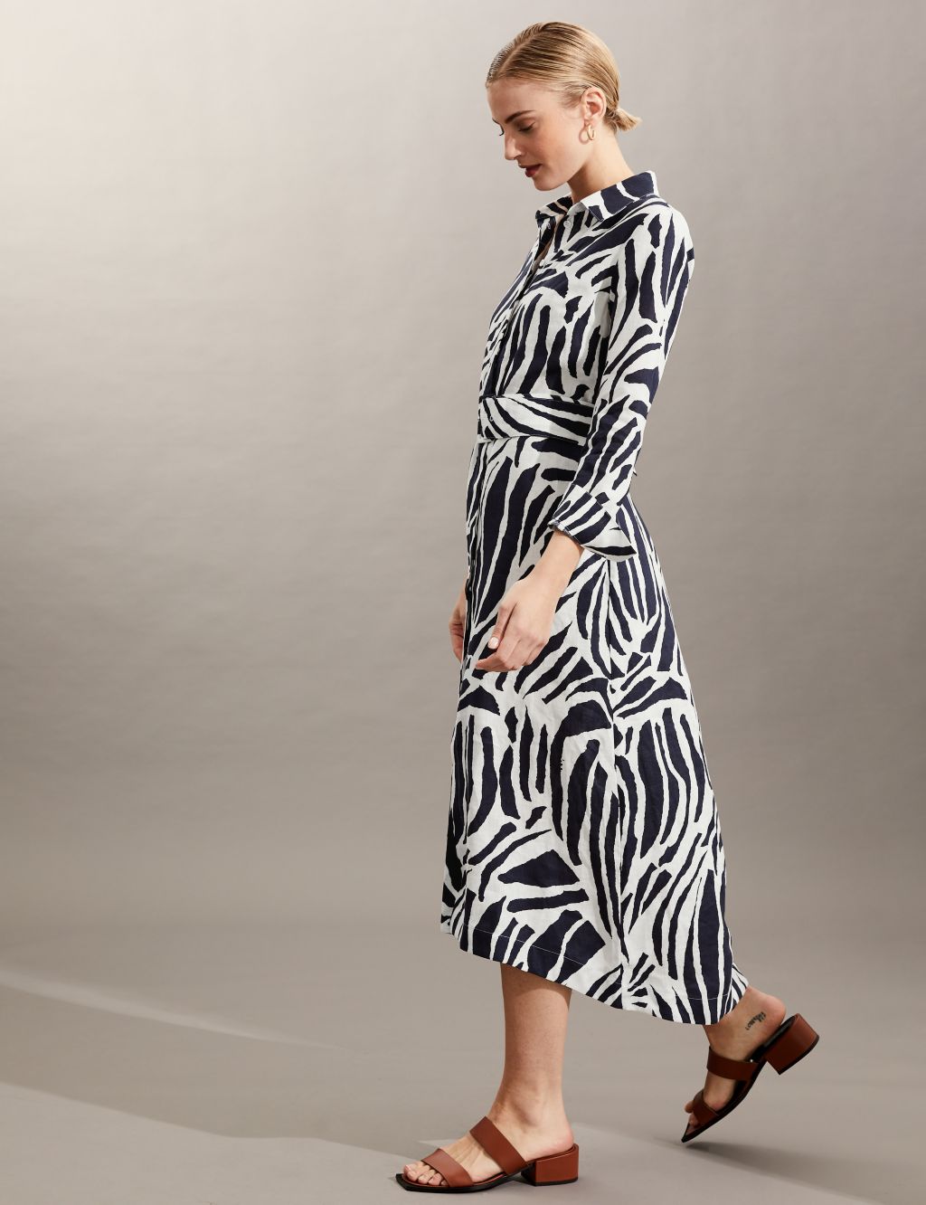 Pure Linen Zebra Print Midi Shirt Dress image 5