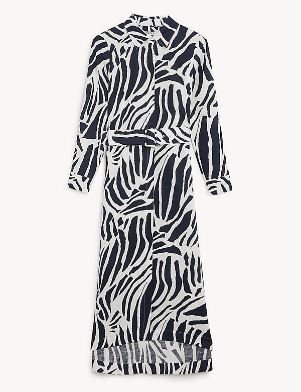 Pure Linen Zebra Print Midi Shirt Dress - CA