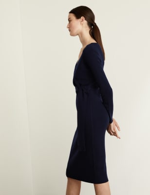 

JAEGER Womens Pure Merino Wool V-Neck Midi Wrap Dress - Navy, Navy