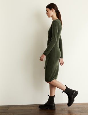 

JAEGER Vestido cruzado a media pierna de escote en pico 100% lana merinoWomens - Olive, Olive
