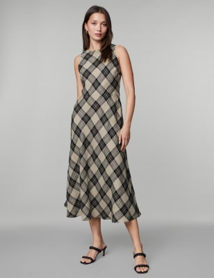 

JAEGER Womens Kariertes Midi-Skaterkleid aus reinem Leinen - Black Mix, Black Mix