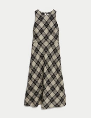 Pure Linen Checked Midi Skater Dress