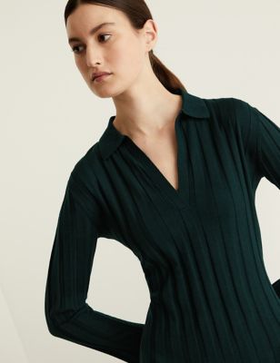 

JAEGER Womens Tencel Blend Ribbed V-Neck Midi Shirt Dress - Dark Green, Dark Green
