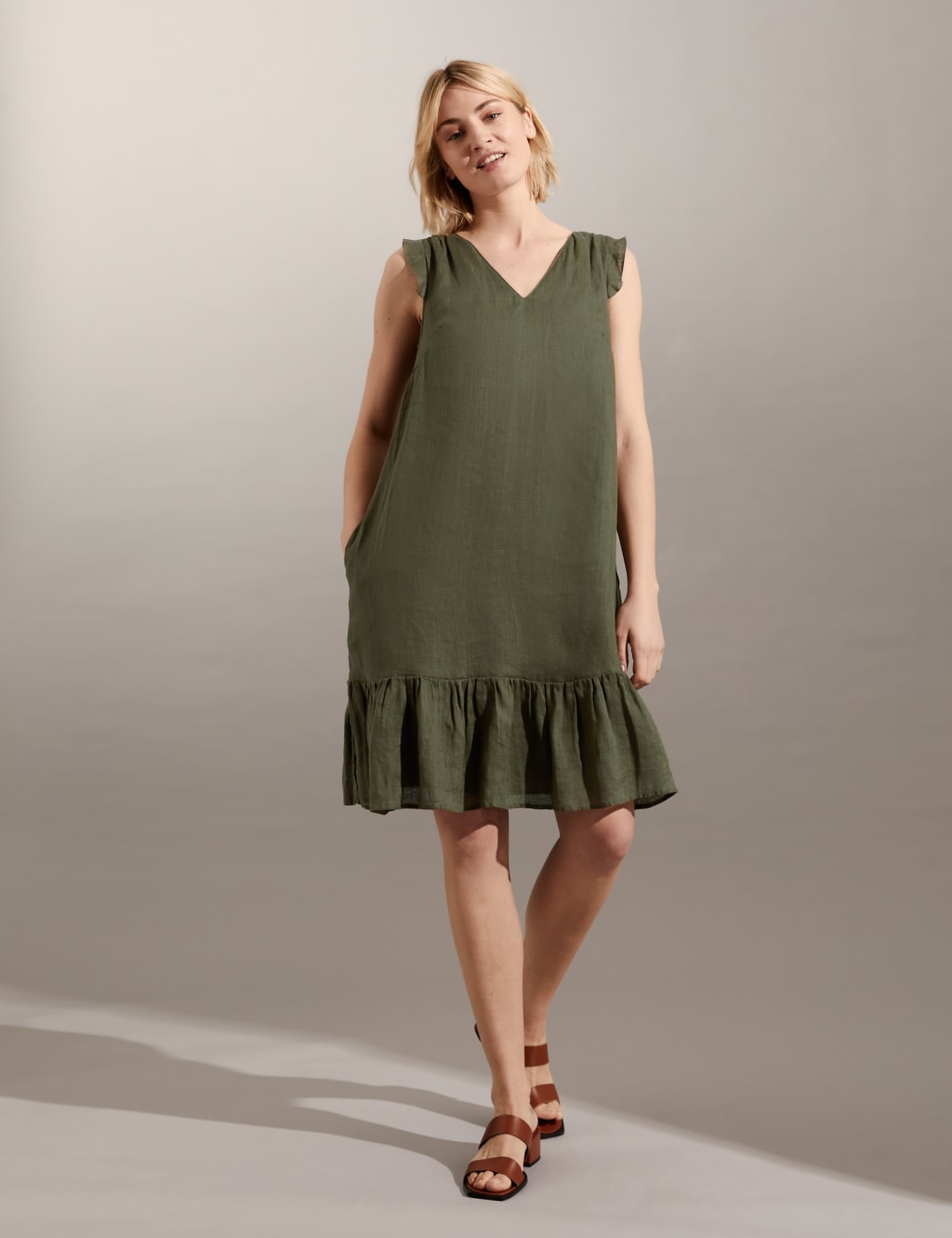 Pure Linen V-Neck Knee Length Shift Dress image 2