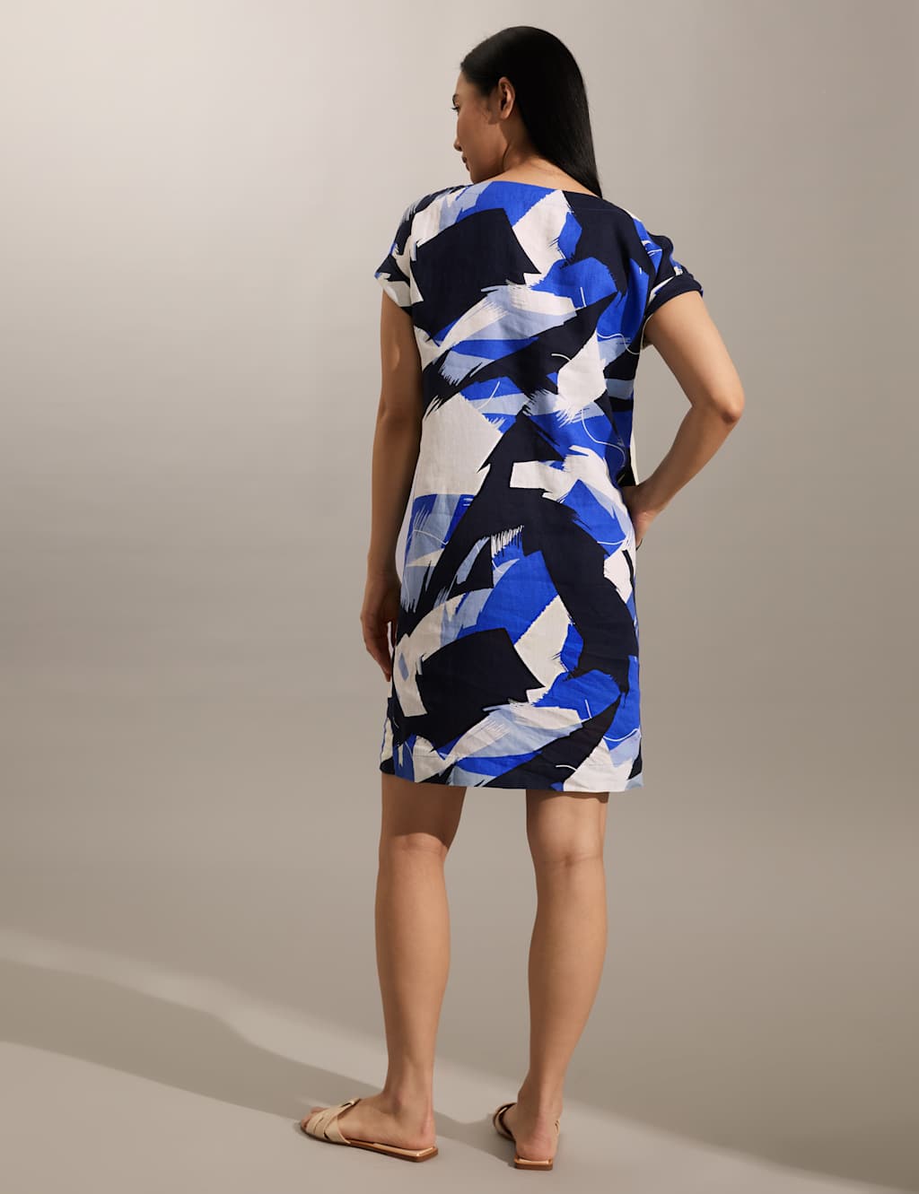 Pure Linen Printed Notch Neck Shift Dress image 4