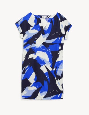 Pure Linen Printed Notch Neck Shift Dress