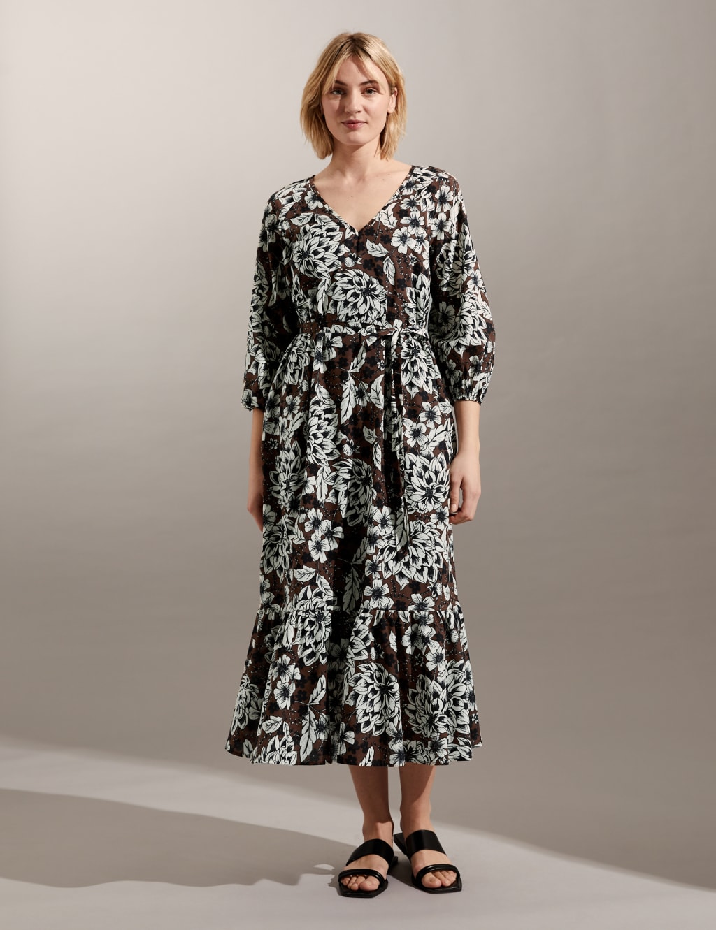 Pure Cotton Floral V-Neck Midi Tiered Dress image 2