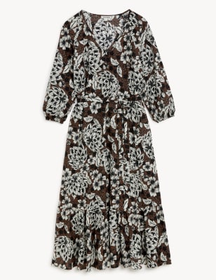 Pure Cotton Floral V-Neck Midi Tiered Dress