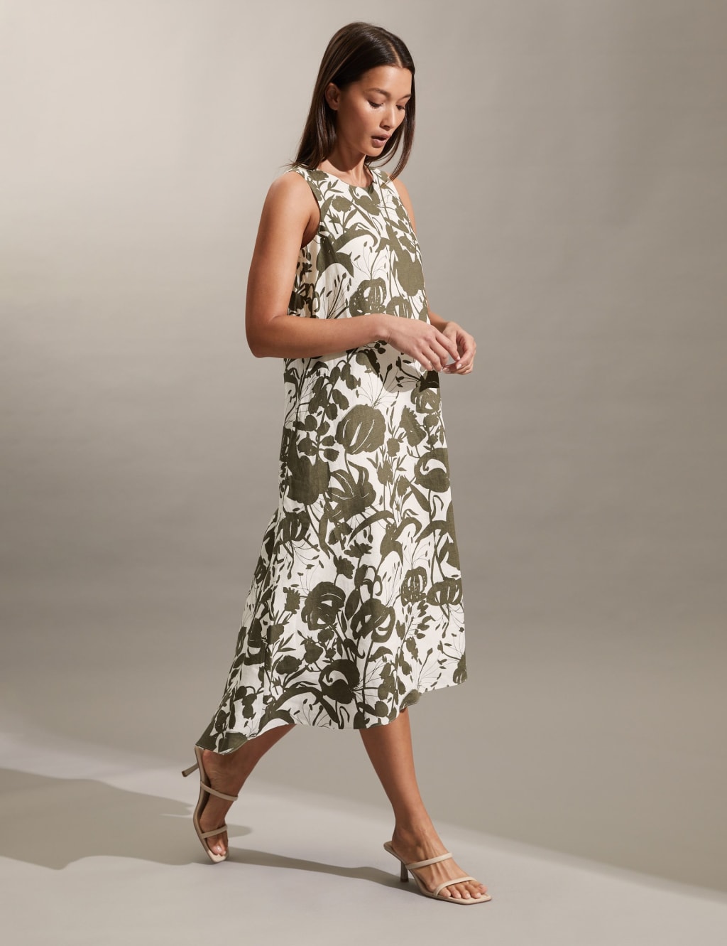 Pure Linen Floral Crew Neck Midi Shift Dress image 3