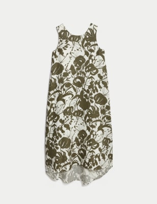 Pure Linen Floral Crew Neck Midi Shift Dress