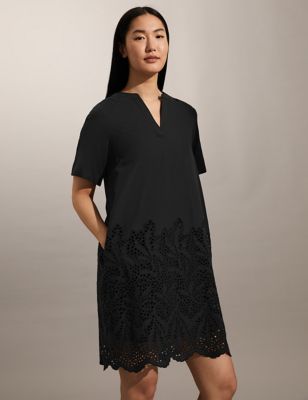

JAEGER Womens Pure Cotton Broderie V-Neck Mini Shift Dress - Black, Black