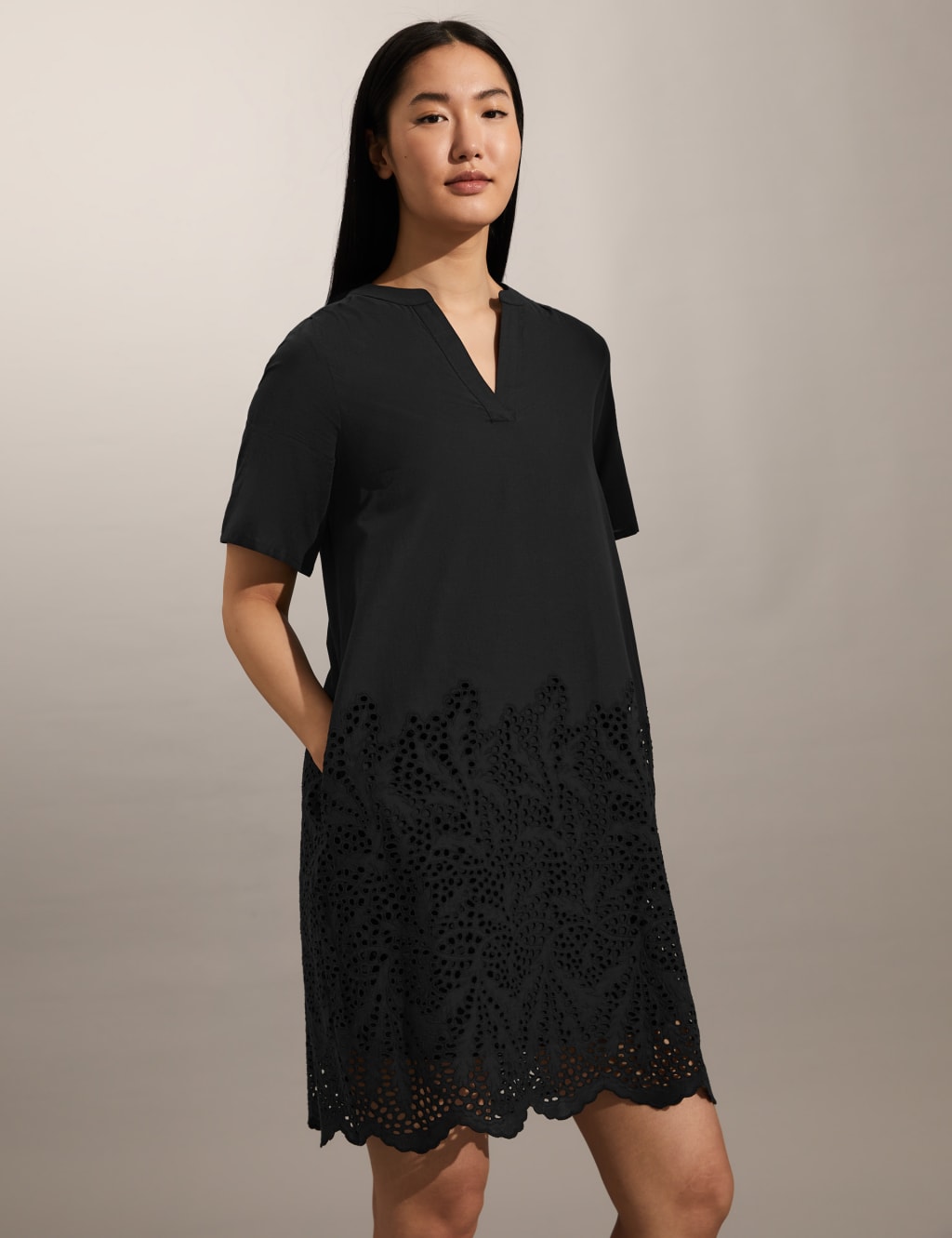 Pure Cotton Broderie V-Neck Mini Shift Dress image 1
