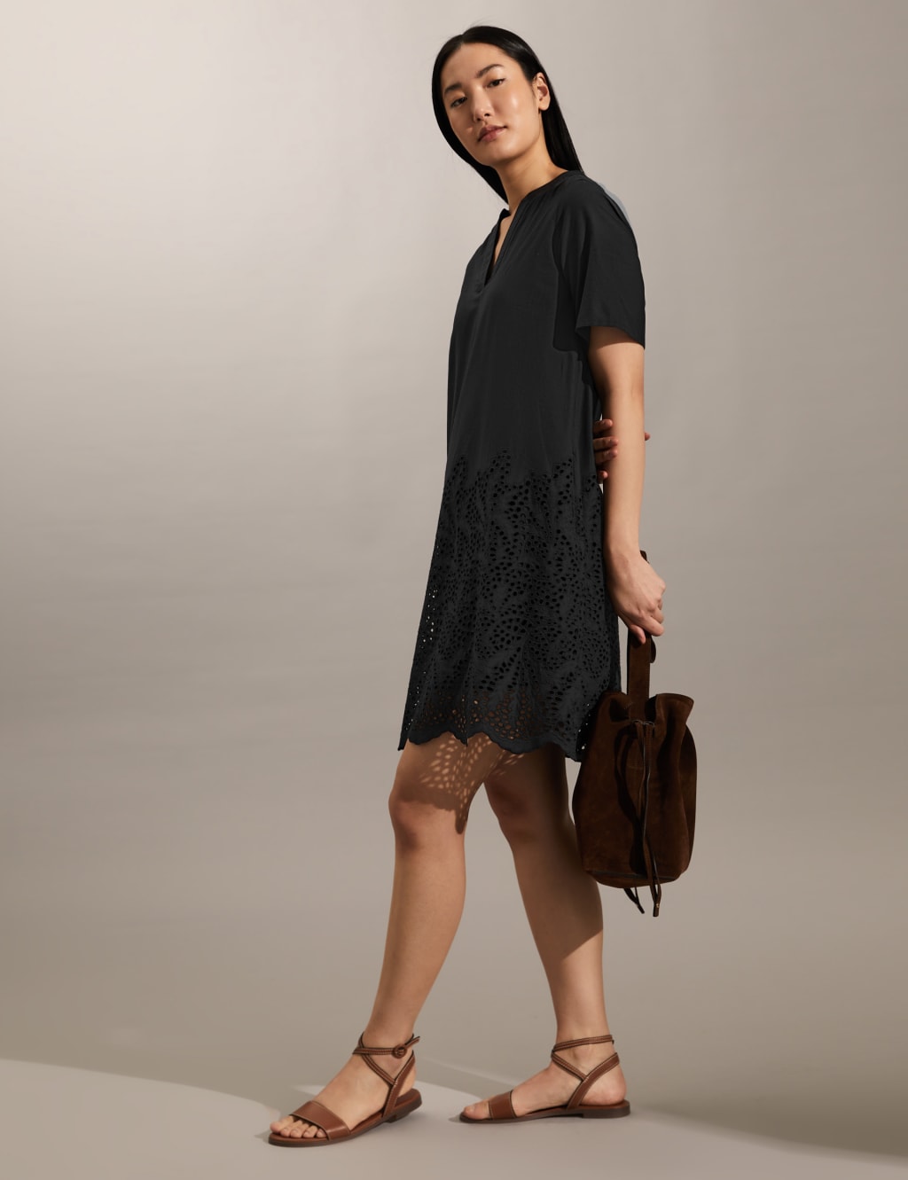 Pure Cotton Broderie V-Neck Mini Shift Dress image 2