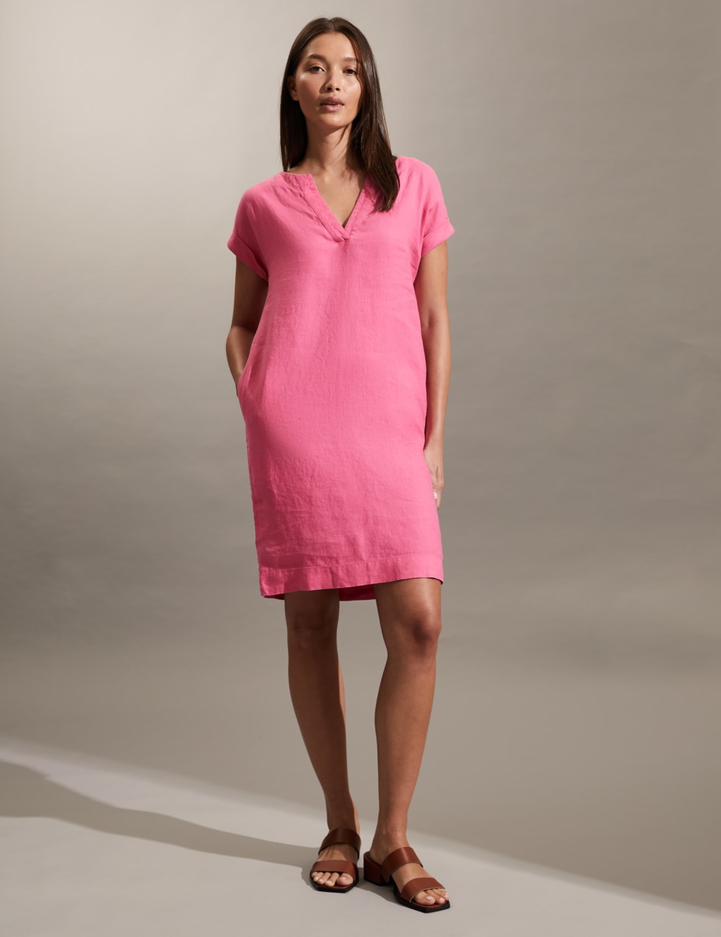 Pure Linen Notch Neck Mini Shift Dress image 2