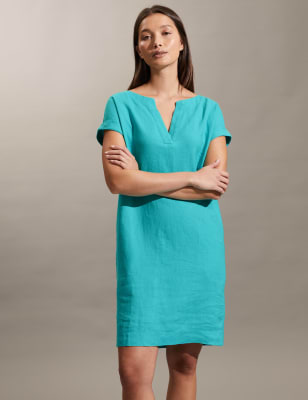 

JAEGER Womens Pure Linen Notch Neck Mini Shift Dress - Turquoise, Turquoise