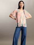 Sheer Printed V-Neck Short Sleeve Blouse