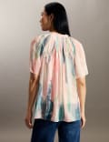Sheer Printed V-Neck Short Sleeve Blouse