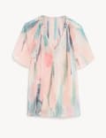 Sheer Printed V-Neck Short Sleeve Blouse