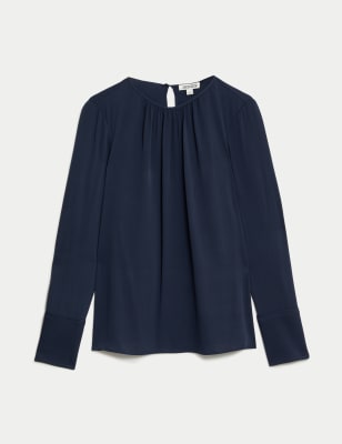 

JAEGER Womens Silk Rich Gathered Neck Blouse - Navy, Navy