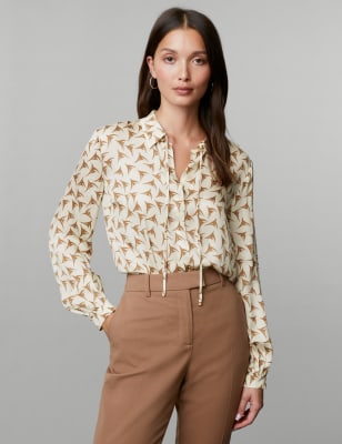 

JAEGER Womens Printed Collared Blouson Sleeve Shirt - Ivory Mix, Ivory Mix