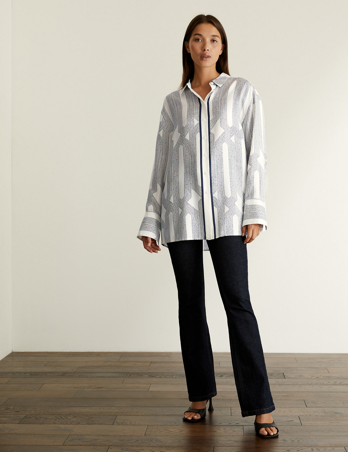 Pure Silk Printed Relaxed Long Sleeve Shirt